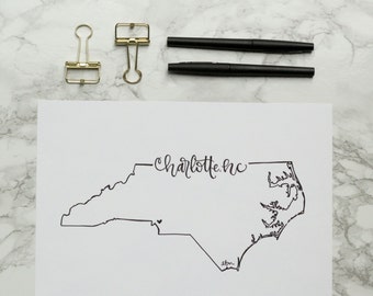 Charlotte North Carolina Hand-lettered Calligraphy Print - Wall Art - Home Decor - UNCC - Forty Niners - Queen City - Panthers - Hornets