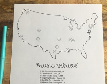 Lista di controllo dei luoghi di musica - Lista dei desideri - Lista di viaggio - Guida di viaggio - Lista di controllo - Avventura - Mappa degli Stati Uniti - Regalo di laurea - Lista delle cose da fare - Concerto