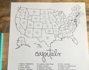 Lista di controllo della capitale dello stato - Lista dei desideri - Lista di viaggio - Guida di viaggio - Lista di controllo - Avventura - Mappa degli Stati Uniti - Regalo di laurea - Voglia di viaggiare