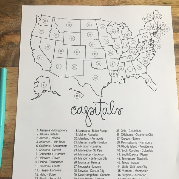 State Capital Check List - Bucket List - Travel List - Travel Guide - Check List - Adventure - USA Map -  Graduation Gift - Wanderlust