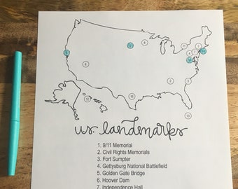 Lista di controllo dei luoghi d'interesse degli Stati Uniti - Lista dei desideri - Lista di viaggio - Guida di viaggio - Lista di controllo - Avventura - Mappa degli Stati Uniti - Regalo di laurea - Voglia di viaggiare - Da fare