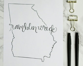 Georgia Tech Ramblin Wreck Hand-lettered Calligraphy State Outline Print - Wall Art - Home Decor - Yellow Jackets - Atlanta - College