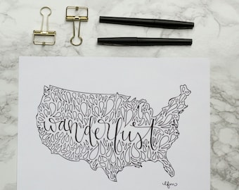 Stampa calligrafica con lettere a mano degli Stati Uniti Wanderlust - Arte della parete - Decorazioni per la casa - USA - America - Arte di viaggio - Avventura - Bug di viaggio