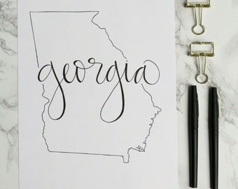 Georgia Hand-lettered Calligraphy State Outline Print - Wall Art - Home Decor - UGA - Georgia Tech - Atlanta - Hometown - Savannah - Augusta