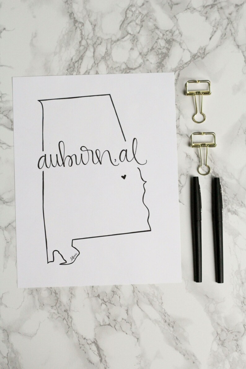 Auburn, Alabama Hand-lettered Calligraphy State Outline Print Wall Art Home Decor Hometown Auburn University War Eagle Tigers image 1