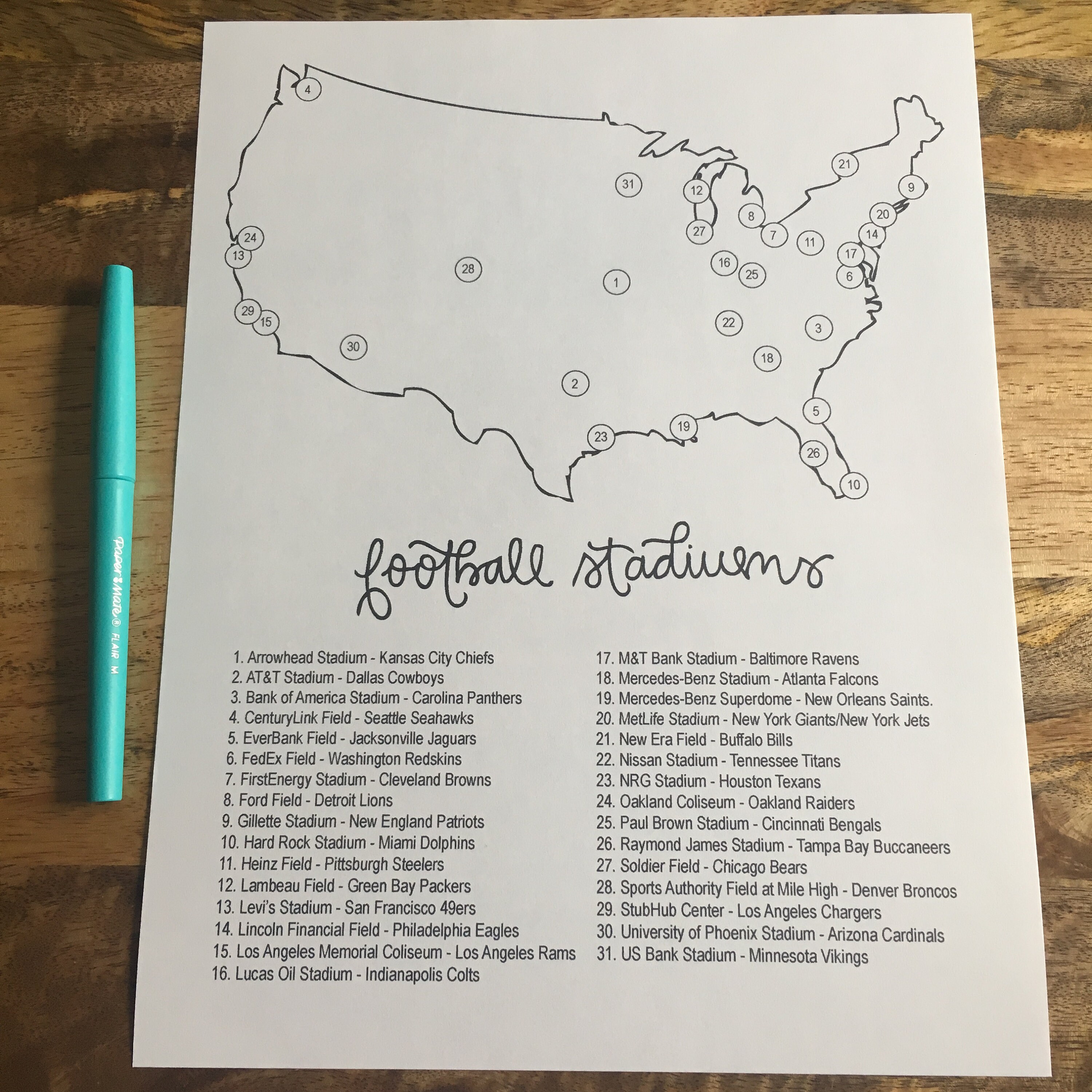 NFL Football Stadiums Check List Bucket List Travel List Etsy