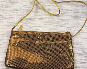 Vintage Whiting & Davis Gold Metallic Zip Closure Shoulder Bag Formal Wedding