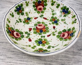 Vintage Castelli Italian Hand-Painted Floral Rose Serving Bowl Dish 10.5" Signed