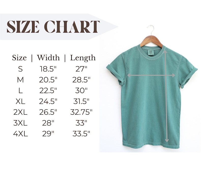 May include: Size chart for a t-shirt with measurements in inches. The chart shows the width and length of the shirt in sizes S, M, L, XL, 2XL, 3XL, and 4XL.