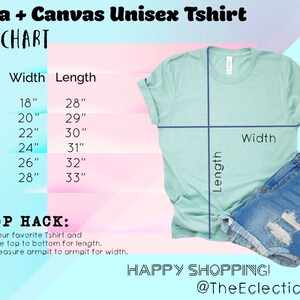 May include: Size chart for a unisex t-shirt with measurements in inches. The chart shows the width and length of the shirt in sizes S, M, L, XL, 2XL, and 3XL. The chart also includes a shop hack tip for measuring a t-shirt.