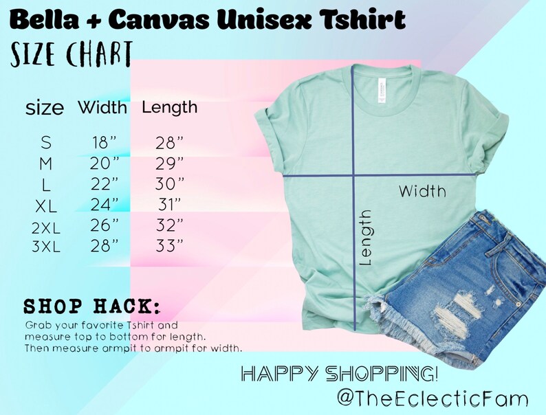 May include: Size chart for a unisex t-shirt with measurements in inches. The chart shows the width and length of the shirt in sizes S, M, L, XL, 2XL, and 3XL. The chart also includes a shop hack tip for measuring a t-shirt.