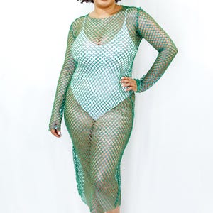 Green Mesh Cover-Up Dress – Handmade Long Sleeve Swimsuit Cover-Up | Sheer Resortwear Dress | Beachwear