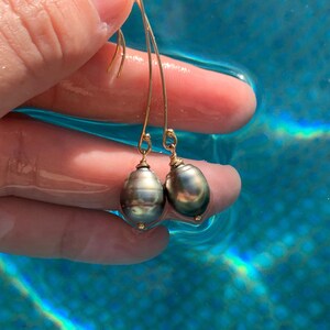 Worthy Collection, Tahitian Pearl Drop Earrings, Peacock Tahitian pearls, 14K Gold filled earring, Handmade in Hawaii by a mom