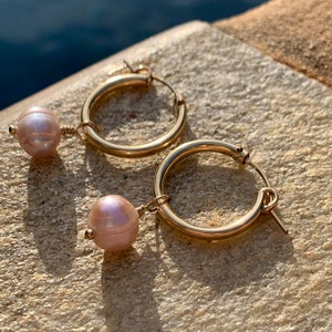 Love Collection: Pink Pearl earrings, 14K Gold-Filled Hoops, gold Hoops, Pearl Huggies, Pink Pearl earrings, Blush Bridesmaid earrings