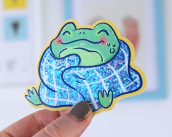 Glitzer Frosch Aufkleber, karierte Decke, Cozy Vinyl Aufkleber