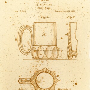 May include: A sepia-toned patent illustration of beer mugs, featuring detailed drawings of the mug's design. The image includes text indicating the designer, J.E. Miller, and the patent date of March 18, 1873. The design includes a handle and a base with multiple circular elements.