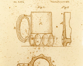 beer art, A Beer Mug Patent, painted using beer, technical, patent drawing, scientific, historical, stein