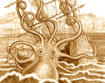 beer art, Kraken, octopus, squid, legend, tall ship, ocean, shipwreck, sea monster