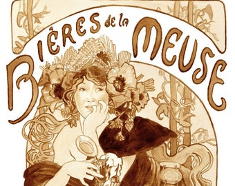 beer art, Bieres de la Meuse, painted with beer, bar art, pub decor, art nouveau, beer lover gift, vintage poster, beerpainter