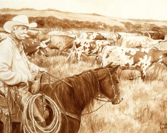 beer art, Cowboy, painted with beer, western art, bar art, country scene, range, cows, cattle, rancher, ranch, cabin decor, gifts for men