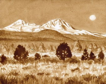 beer art, Moonrise over Sisters Mountains, painted with beer, Oregon, mountains, bar art, outdoorsy, beer lover gift, pub