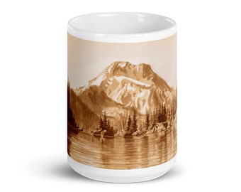 Mug, Mountain Lake, beer art, painted with beer, beer lover gift, Oregon, mountains, Northwest