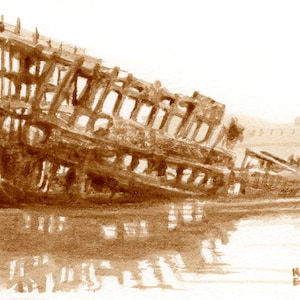 beer art, Wreck of The Peter Iredale, Oregon Coast, painted using only beer, Ft. George, ocean, sea, shipwreck