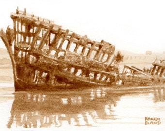 beer art, Wreck of The Peter Iredale, Oregon Coast, painted using only beer, Ft. George, ocean, sea, shipwreck