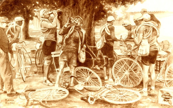beer art, Beer Break at the Tour de France, painted with beer,Pabst, PBR, bar art, pub decor, bicycle, bike,historical photo, Tour de France