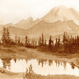 beer art, Mt. Rainier Sunset, painted with beer, Washington, mountain, sunset lake, pub art, mountain scene, bar art,beer lover gift, nature
