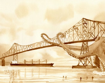 beer art, Kraken on the Astoria Bridge, painted with beer, bar art, pub art, Astoria, river, ocean, octopus, bridge, kraken, ship