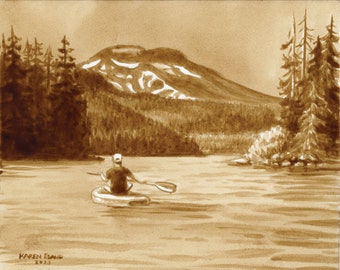 beer art, Paddling on Sparks Lake, Oregon, painted with beer, SUP, boat, lake, outdoors, Oregon, beer lover gift, mountain scene, bar art