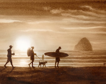 beer art, Sunset Surfing, painted with beer, ocean, sea, bar art, surfer art, beach scene, art for beach house, beer lover gift, beach dog