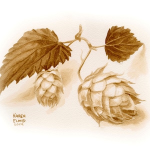 beer art, Fresh Hops, painted with beer, hops, beer ingredients, bar art, brewery, pub decor, home brewer, beer lover gift, botanical