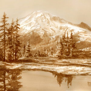 beer art, Mt. Rainier, painted with beer, bar art, beer lover gift, Washington, mountain scene, lake, pub art, nature lover gift