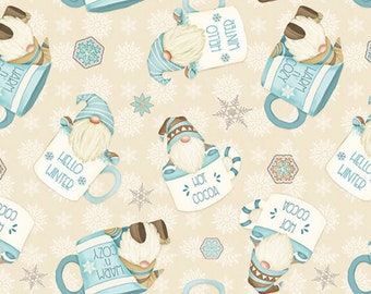 FRANELA I Love Sn'Gnomies By-the-HALF-yard Hot Cocoa Cup Gnomes de Shelly Comiskey 100% franela de algodón Tela Henry Glass F9640-44 Crema