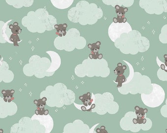 Flannel "Sleep Tight" Fabric By-the-HALF-yard Mint Green 100% cotton flannel by Riley Blake #F9960R-MINT Bears Moons Clouds Stars