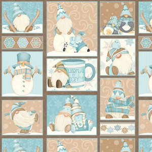 May include: A fabric panel featuring winter-themed illustrations. The design includes gnomes, a snowman, and penguins in a palette of blue, tan, and white. Some gnomes are ice skating, and others are near a mug that says "Warm n' Cozy".