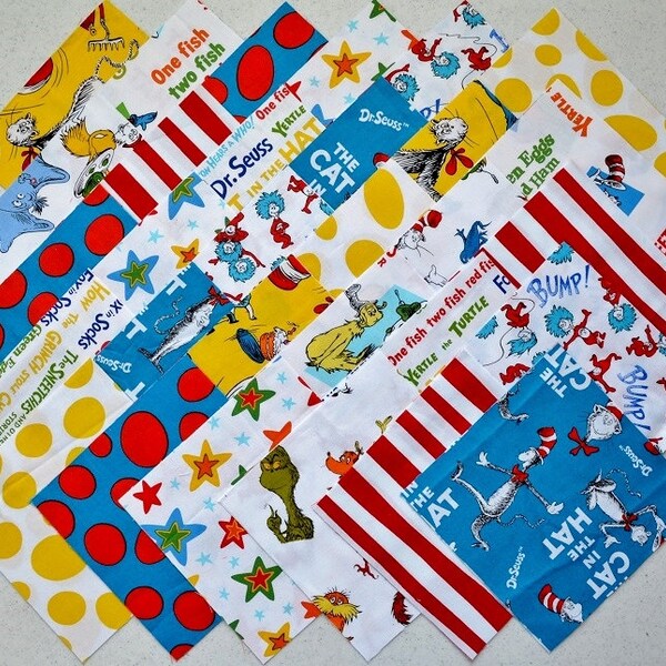 30 Dr. Seuss 6" Cat In The Hat und Freunde 10 Diff druckt Quilt Stoff Quadrate SetA