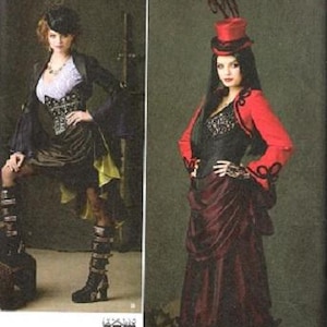 May include: Simplicity pattern 1819 featuring two costume designs. The left shows a black jacket, white lace top, corset, and high-low skirt with yellow lining. The right shows a red jacket, black lace top, corset, and long dark red skirt with a top hat.