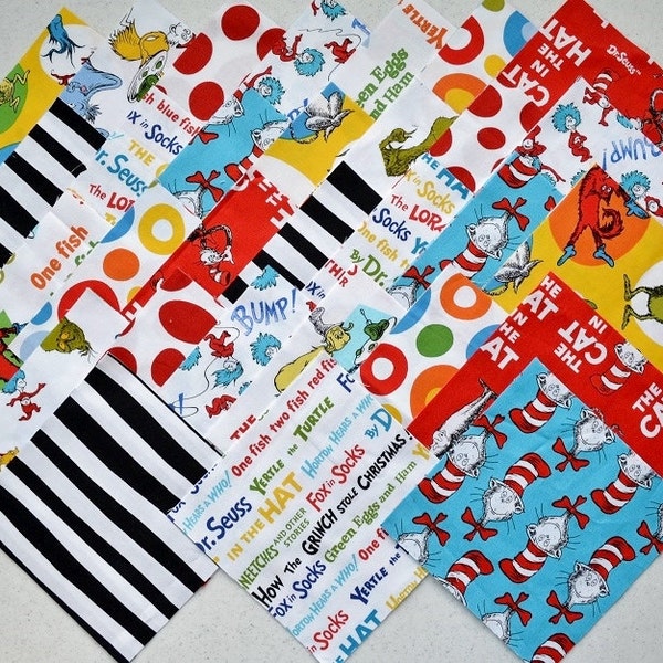 30 Dr. Seuss 6" Cat In The Hat Head und Red 10 Diff druckt Quilt Stoff Quadrate SetB