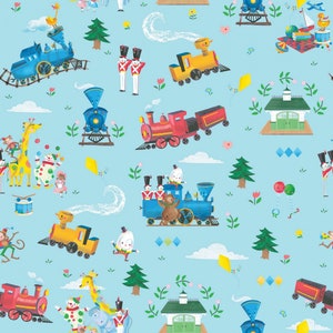 May include: A whimsical pattern featuring colorful toy trains, circus performers, and whimsical characters on a light blue background. The design includes toy soldiers, giraffes, monkeys, and balloons, creating a playful and cheerful aesthetic.