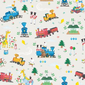 The Little ENGINE That COULD fabric 100% cotton from Riley Blake Designs main light Cream Train, Circus Animals, Toys Story Book C9990R