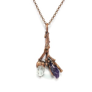 Electroformed Copper Oak Tree Necklace: Amethyst & Quartz Crystal Pendant