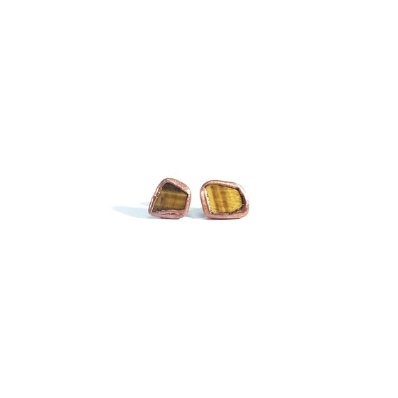 Mens Raw Crystal Studs Natural Tigers Eye Sterling Silver Earrings Hypoallergenic and Nickel-Free Earrings