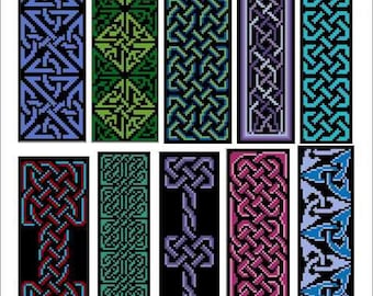 Puede incluir: Diez diseños rectangulares con patrones de nudos celtas en varios colores, incluyendo azul, verde, morado y rojo, sobre un fondo negro. Los patrones son intrincados y simétricos, mostrando arte celta tradicional.