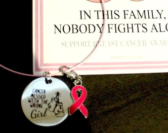 Cancer Messed With Wrong Girl Key Ring... Pink Awareness Ribbon on Light Pink Key Ring ...Custom Card - Fight Breast Cancer