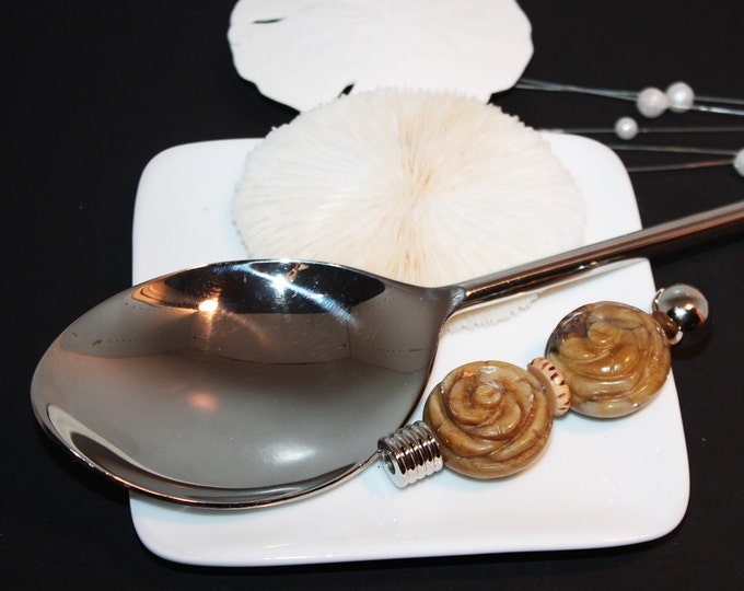 Extra Large Serving Spoon in Hand Made Soapstone Roses Spoon Screws