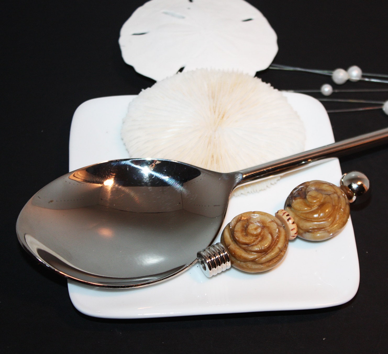 Extra Large Serving Spoon in Hand Made Soapstone Roses Spoon Screws