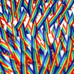 CLEARANCE! 100 Satin Gay Pride Rainbow Ribbons with Pinbacks for Easy On and Off - Great for Organizations